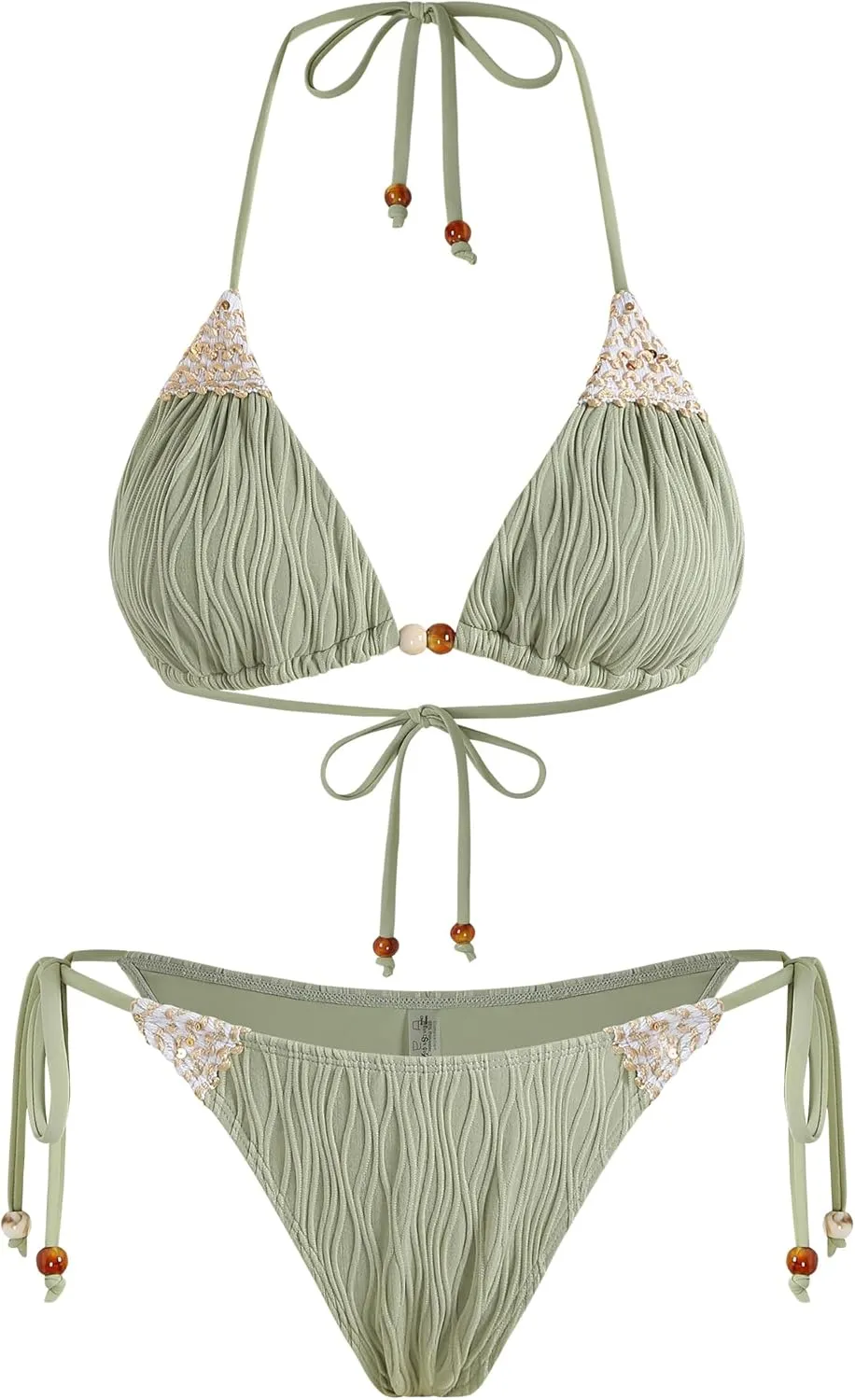 ZAFUL Women's Texture Triangle Bikini Sets Halter Ties Swimsuit Tie Sides Thong Swimwear Two Piece Bathing Suit