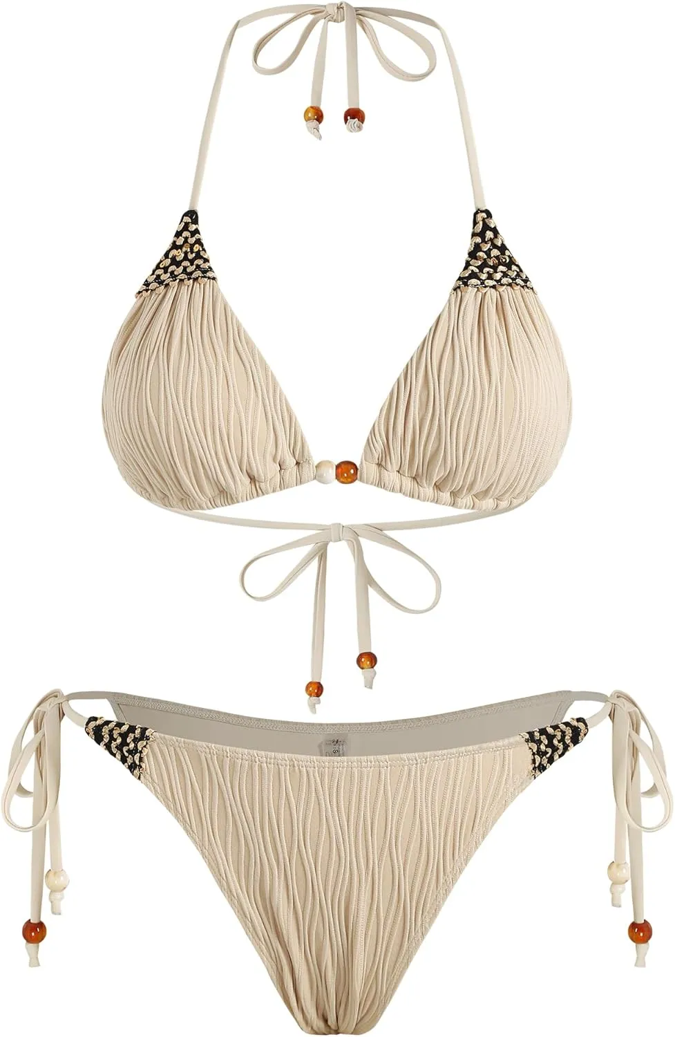 ZAFUL Women's Texture Triangle Bikini Sets Halter Ties Swimsuit Tie Sides Thong Swimwear Two Piece Bathing Suit