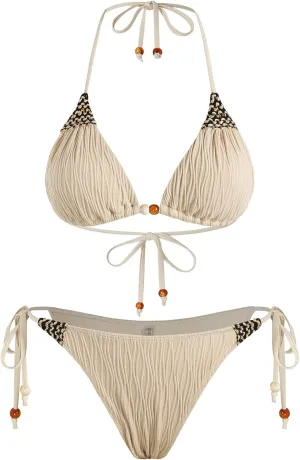ZAFUL Women's Texture Triangle Bikini Sets Halter Ties Swimsuit Tie Sides Thong Swimwear Two Piece Bathing Suit