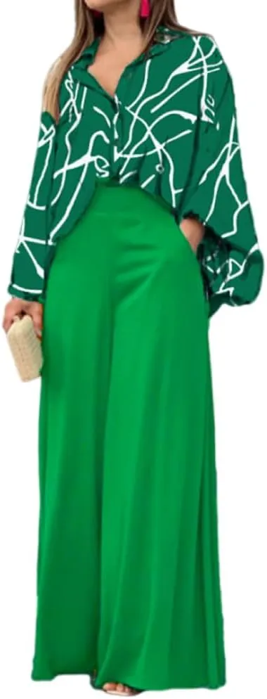 ZOCAVIA Womens 2 Piece Outfits Boho Floral V Neck Long Sleeve Button Down Shirt Casual Loose Wide Long Palazzo Pants Sets