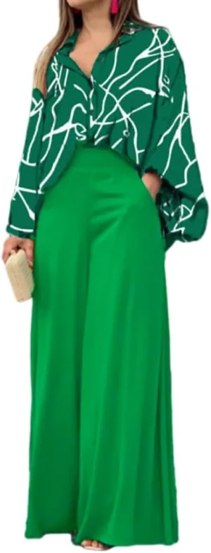 ZOCAVIA Womens 2 Piece Outfits Boho Floral V Neck Long Sleeve Button Down Shirt Casual Loose Wide Long Palazzo Pants Sets