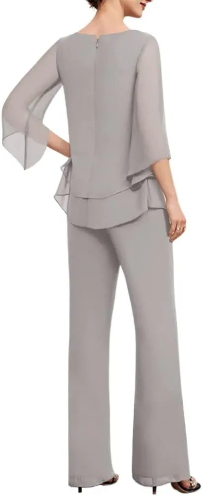 Zongqiven Womens Dressy Pant Suit Wedding Evening Outfits 2 Piece Chiffon Formal Pantsuits