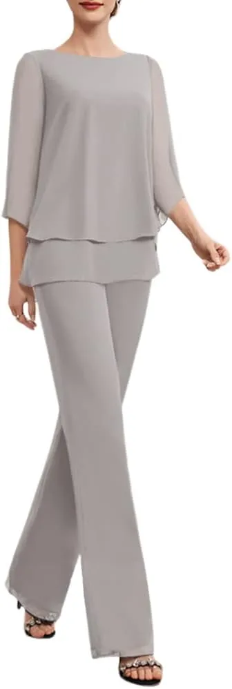 Zongqiven Womens Dressy Pant Suit Wedding Evening Outfits 2 Piece Chiffon Formal Pantsuits
