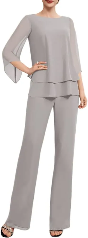 Zongqiven Womens Dressy Pant Suit Wedding Evening Outfits 2 Piece Chiffon Formal Pantsuits