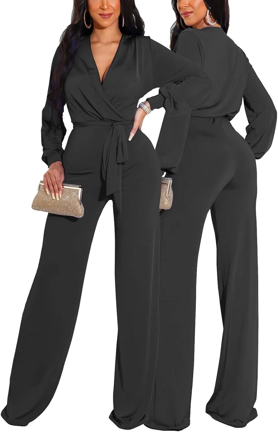 ZonJie Casual Jumpsuits for Women Elegant Long Sleeve Party Rompers Dressy Deep V Neck Wide Leg Long Pant with Belt