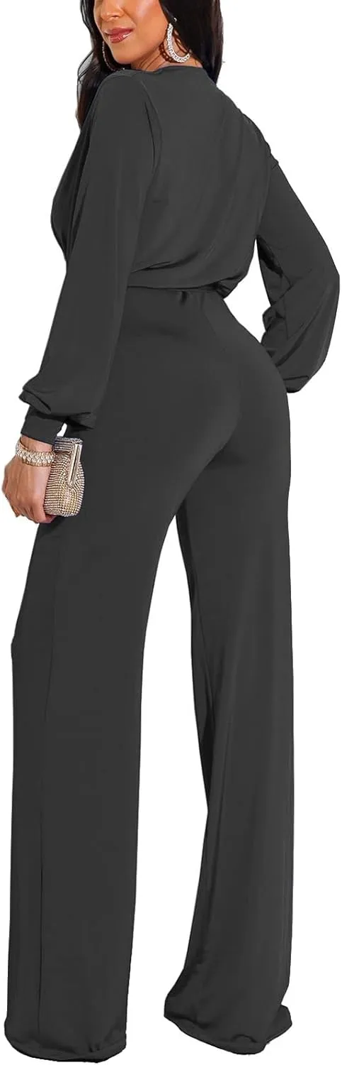 ZonJie Casual Jumpsuits for Women Elegant Long Sleeve Party Rompers Dressy Deep V Neck Wide Leg Long Pant with Belt