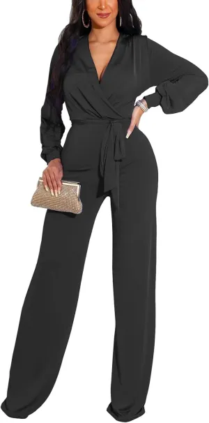 ZonJie Casual Jumpsuits for Women Elegant Long Sleeve Party Rompers Dressy Deep V Neck Wide Leg Long Pant with Belt